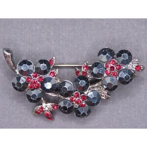 Floral Black Metal Brooch Pin With Red Rhinestone Flowers in Gift Box